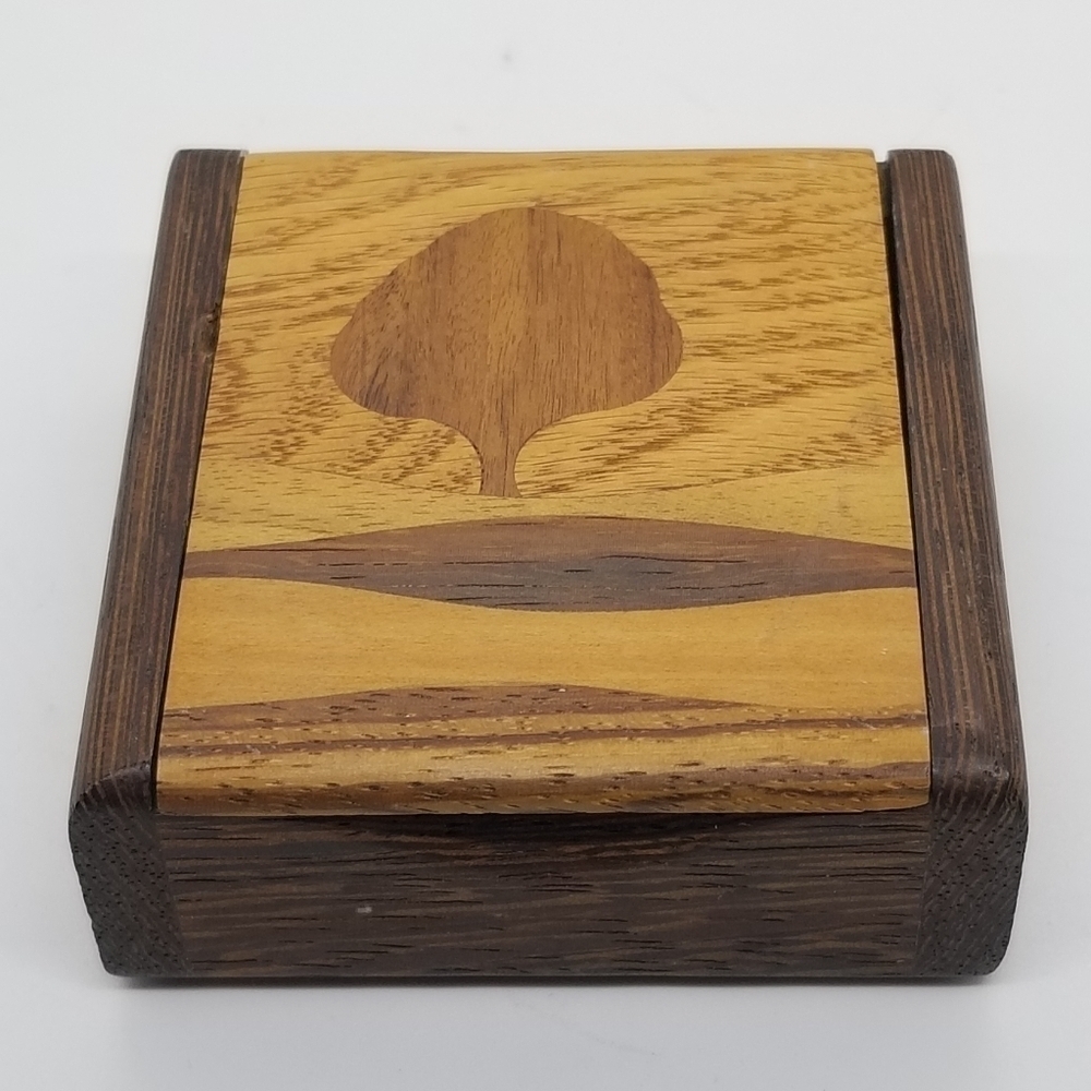 wooden inlay trinket box with tree imagery made in Canada